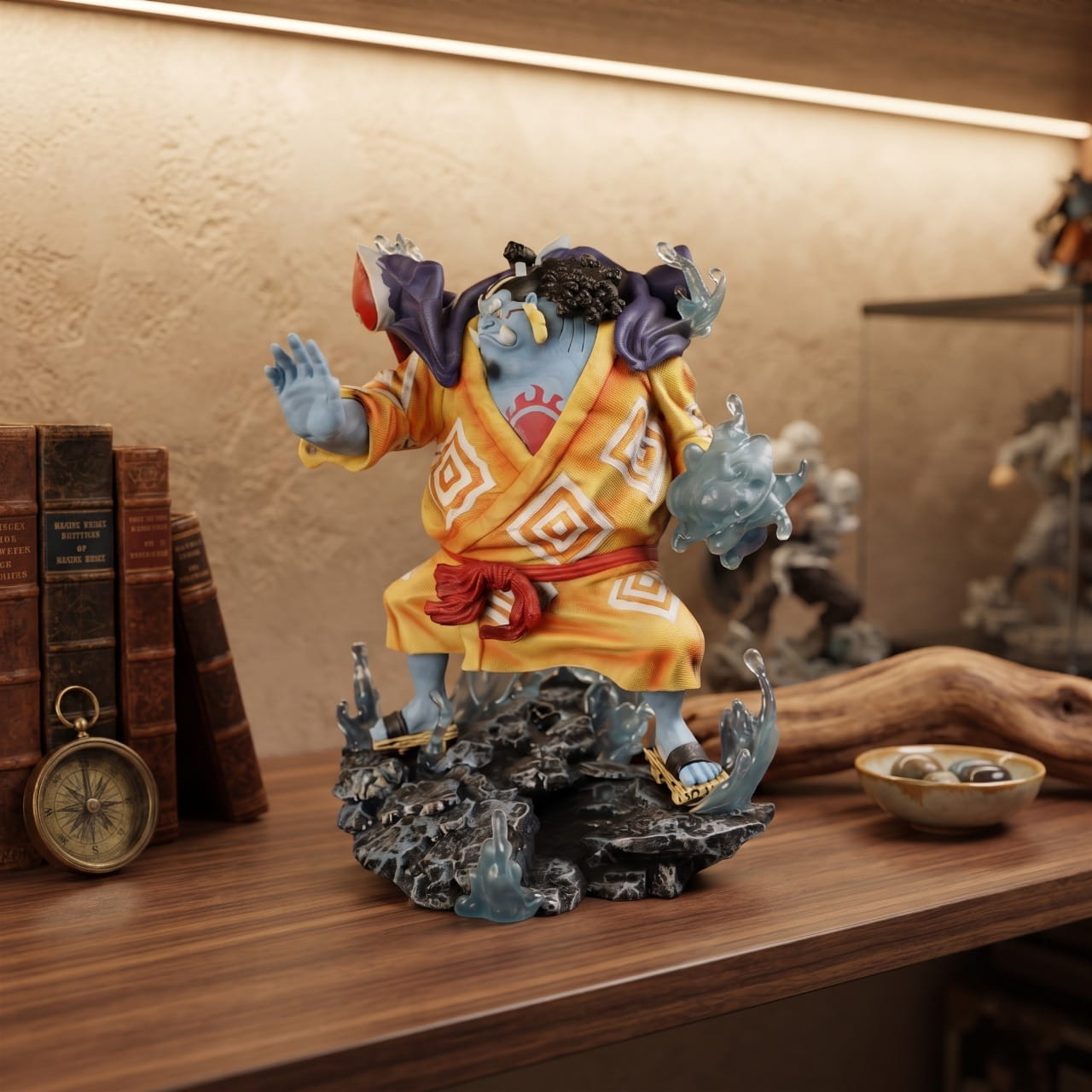 Figurine One Piece – Jinbe Grand Format 32 cm, exposée sur une étagère (décor non inclus)