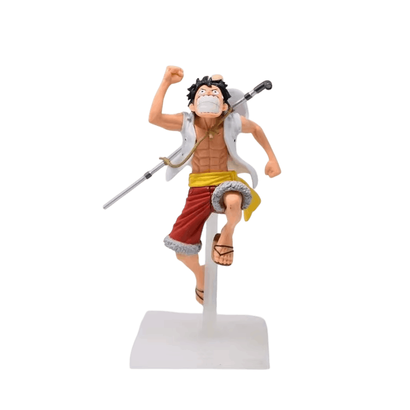 Figurine Monkey D. Luffy One Piece 17 cm en pleine course : poing levé, gilet blanc ouvert, short rouge bordé de fourrure, barre de fer dans le dos