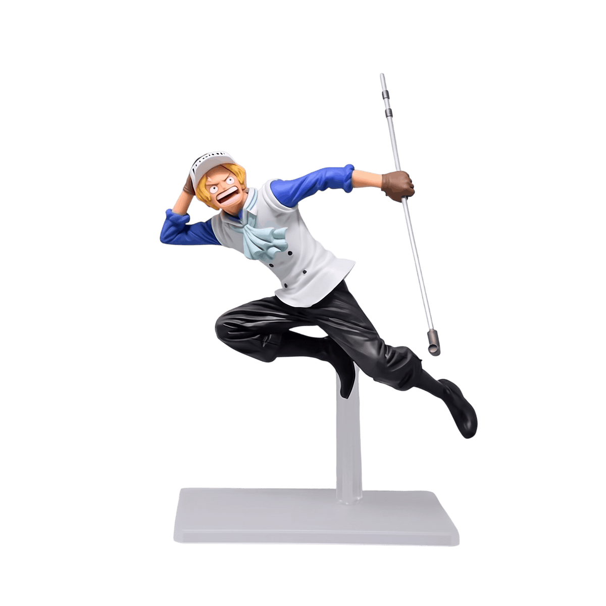 Figurine Sabo One Piece 17 cm en plein saut : casquette blanche, chemise blanche aux manches bleues, jabot, barre de fer tendue