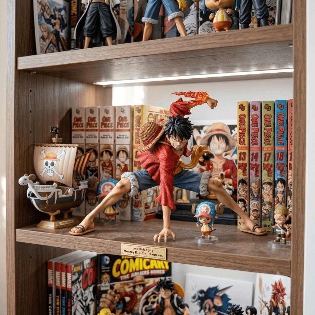 Figurine Luffy Battle Style One Piece exposée dans une vitrine de collection manga