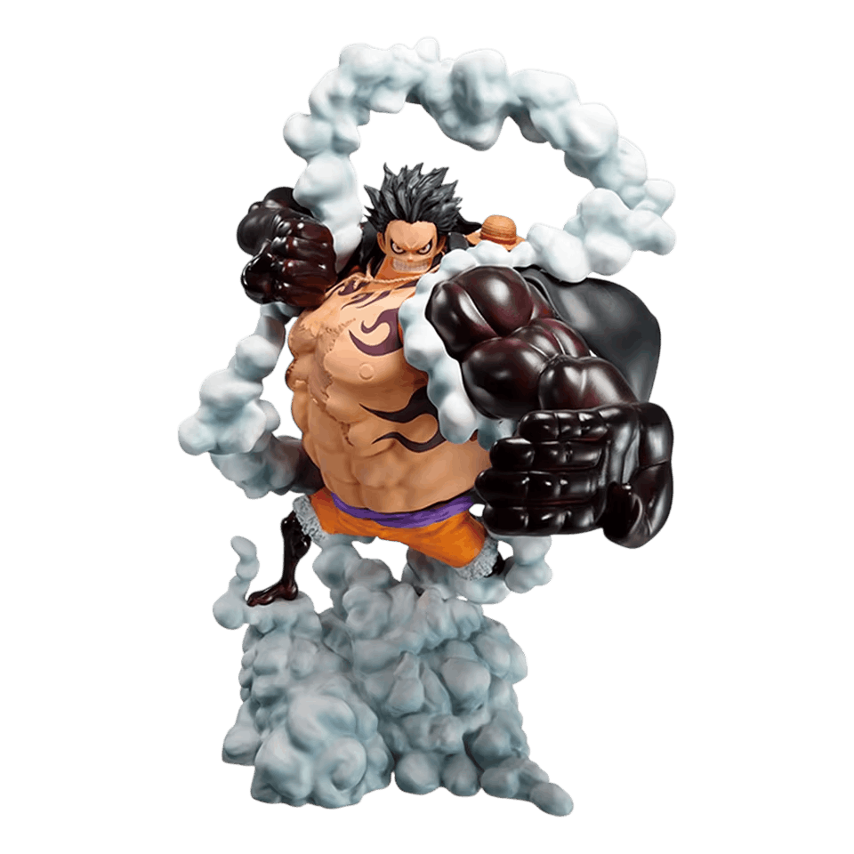 Figurine Luffy Gear 4 Boundman One Piece de face : poing géant noirci par le haki, torse aux motifs sombres, anneau de vapeur, chapeau de paille dans le dos, colonne de vapeur