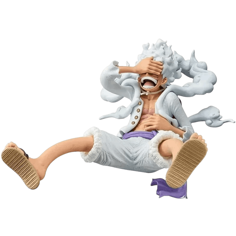 Figurine PVC de Luffy Gear 5 assis jambes lancées, main plaquée sur l'œil, cheveux-nuages blancs — One Piece