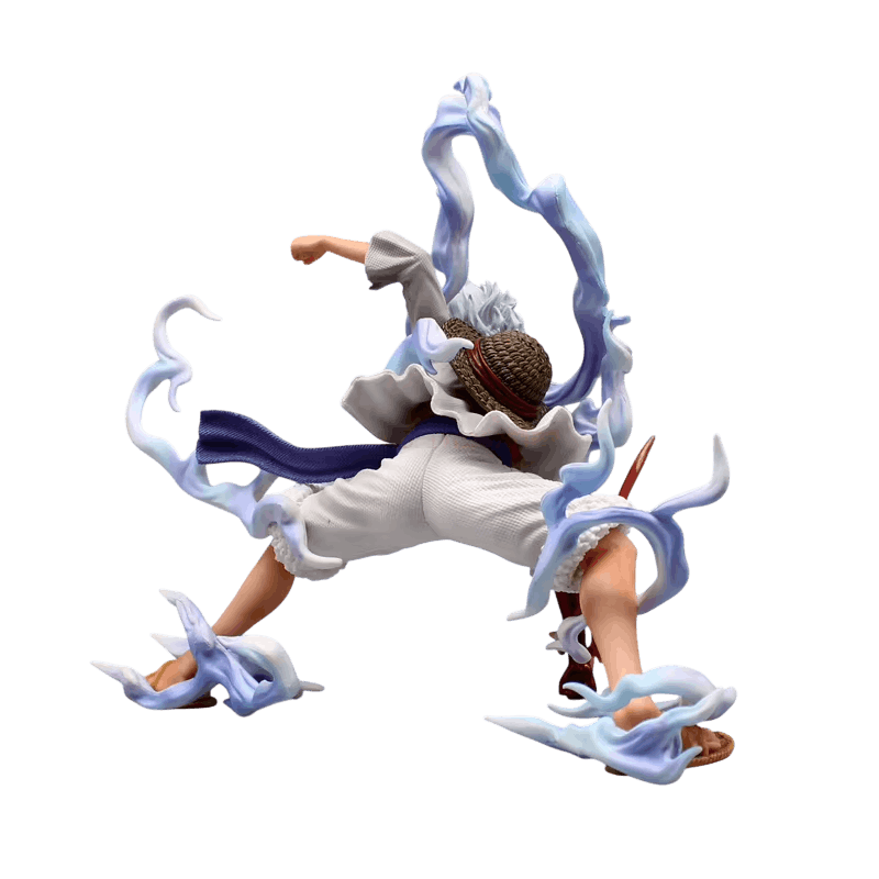 One Piece Luffy Gear 5 figure 19 cm three-quarter view: one leg stretched far back and a circle of bluish white coils around the character