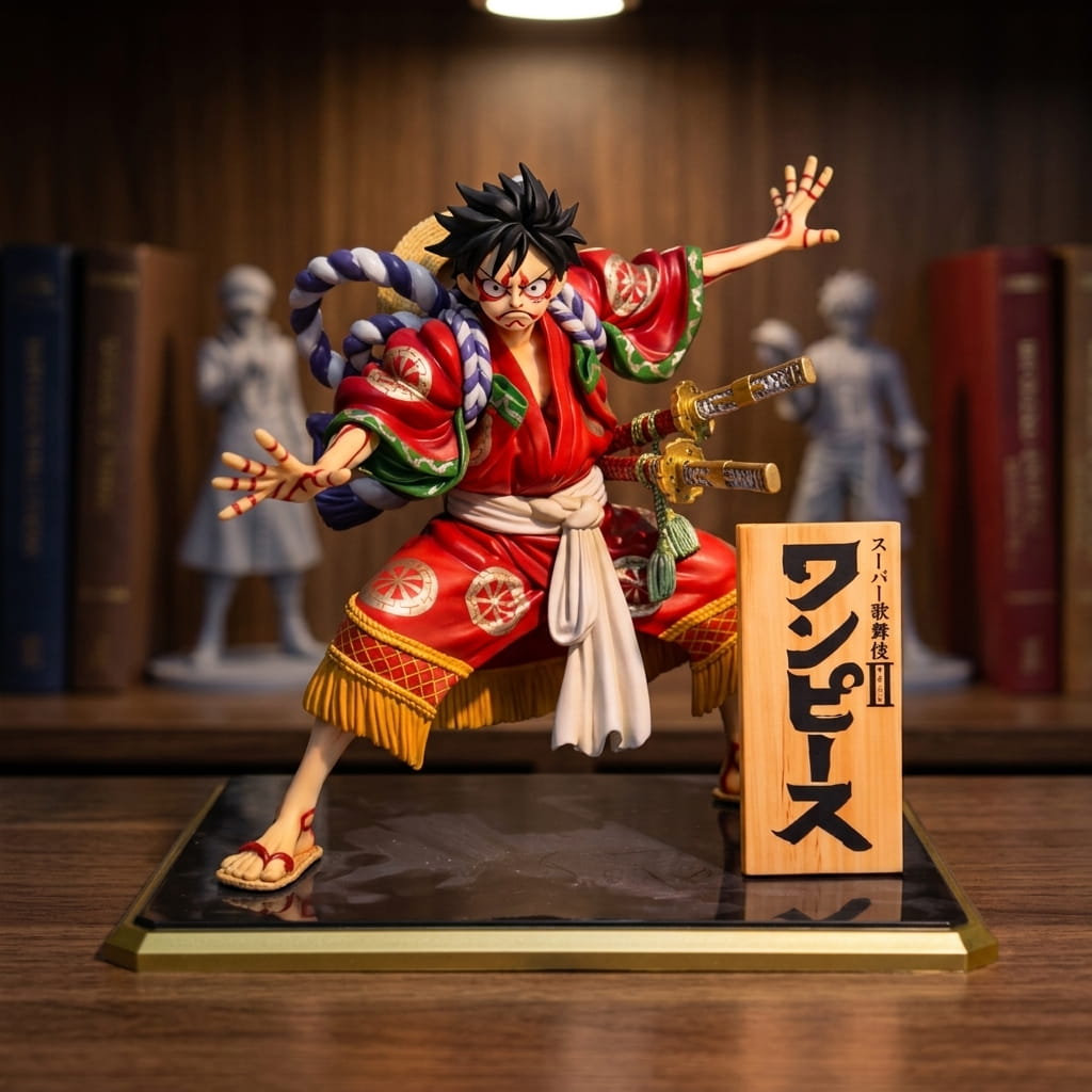 One Piece Luffy figure 18 cm in a red theater kimono, purple and white braided rope across the shoulders, two swords at the belt, on a shelf (decor not included)