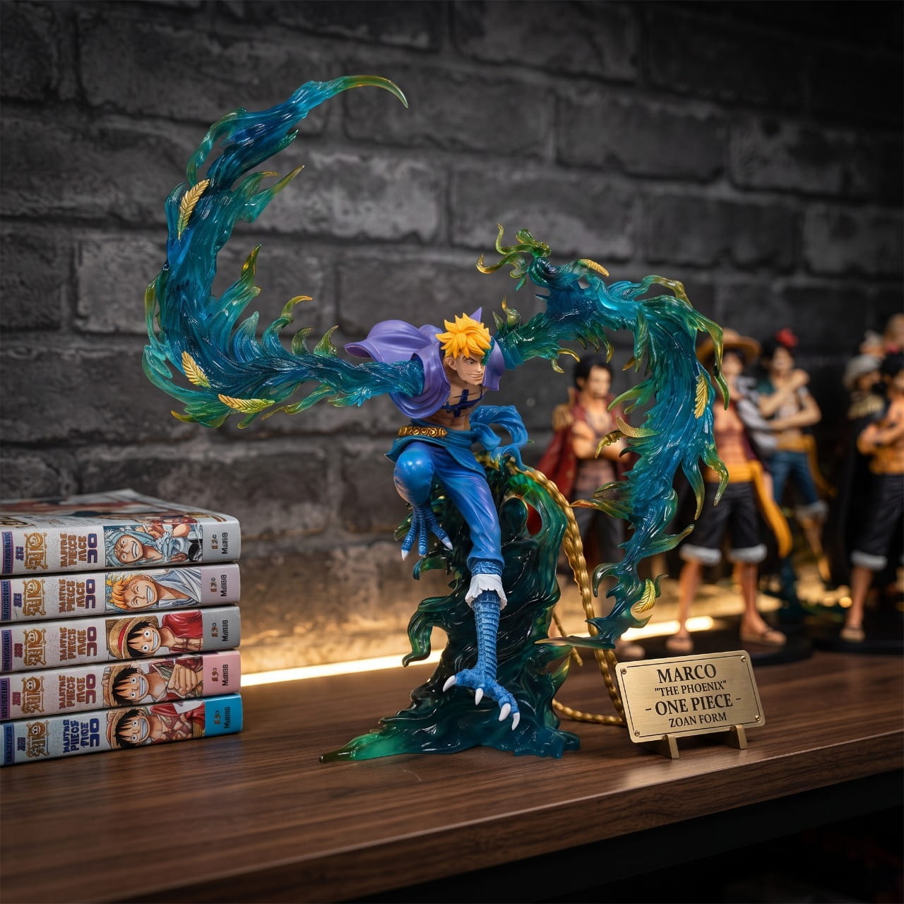 Figurine Marco le Phenix flammes bleues One Piece - exposee sur une etagere (decor non inclus)