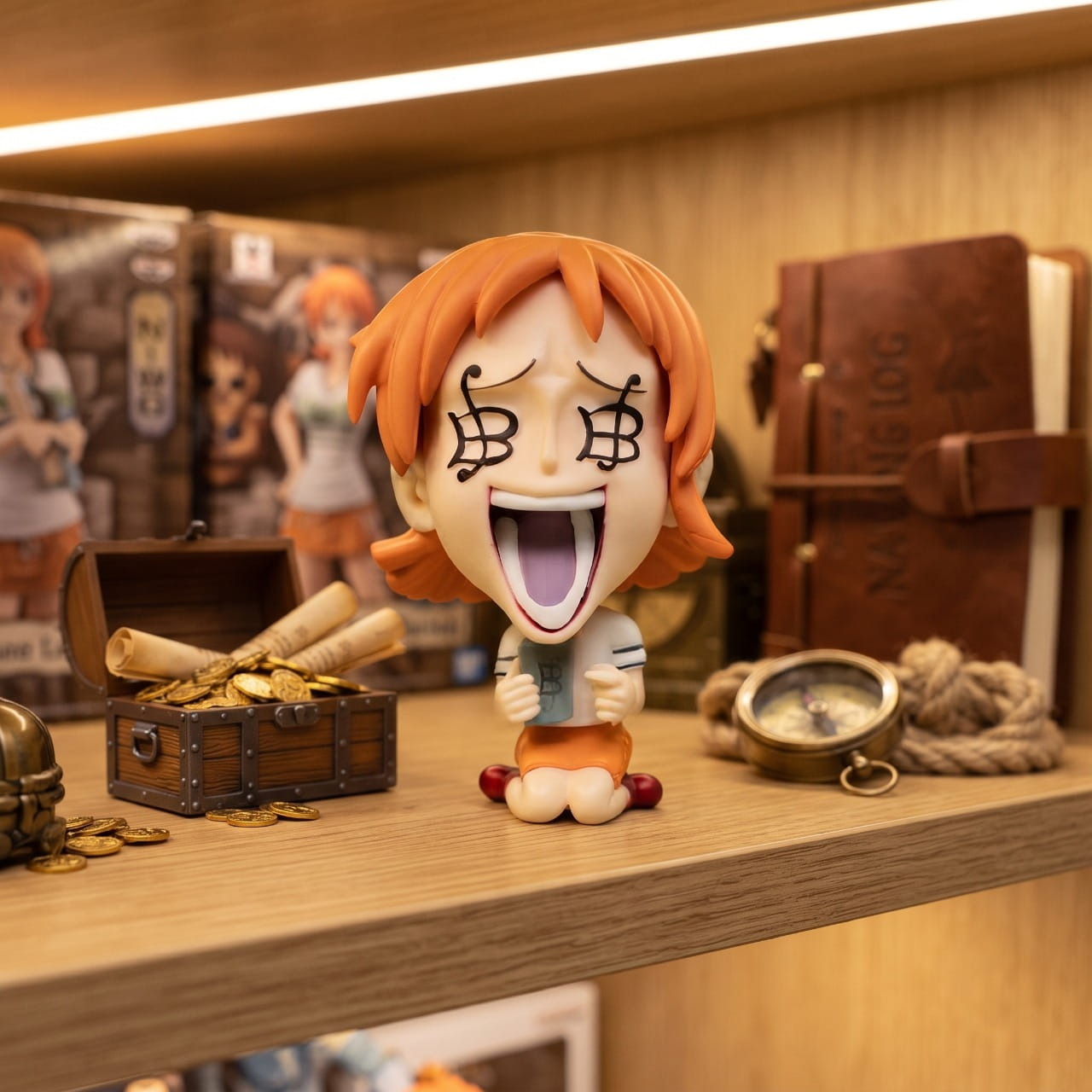 Figurine chibi Nami exposée sur une étagère (décor non inclus)