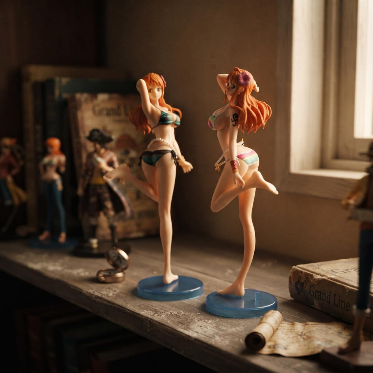 Figurines Nami en bikini exposées sur une étagère (décor non inclus)