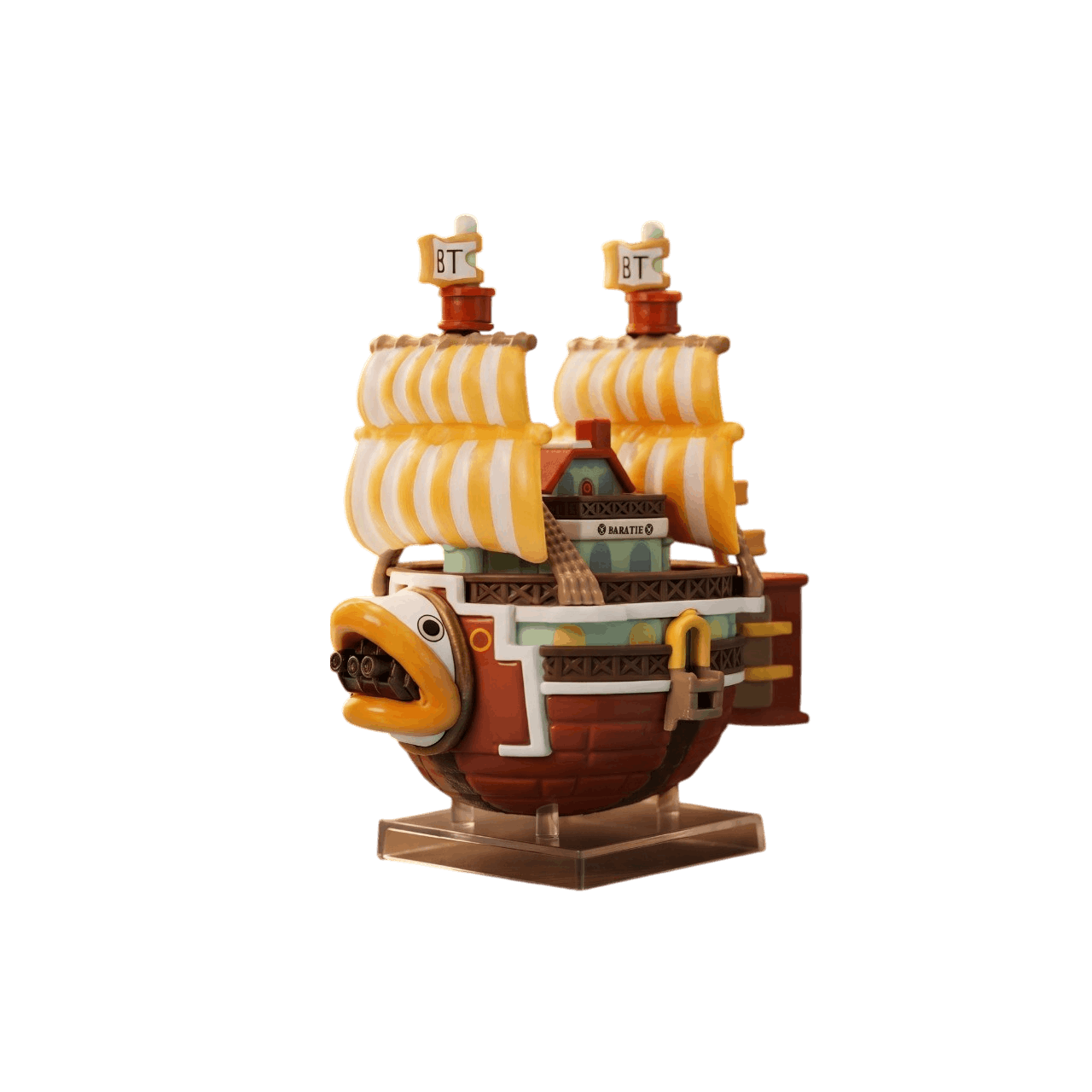 Réplique du Baratie vue de trois quarts : étrave en gueule de poisson orange, maison-restaurant sur le pont, voiles rayées jaune et blanc — One Piece, PVC peint