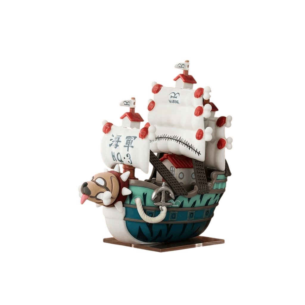 Réplique d'un navire de la Marine vue de trois quarts : étrave en tête de chien, coque turquoise, voiles marquées 海軍 HQ.3 — One Piece, PVC peint