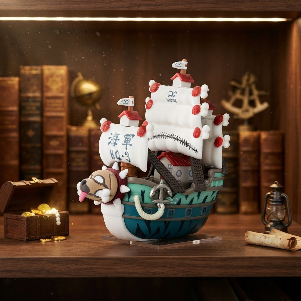 Réplique miniature d'un navire de guerre de la Marine posée sur une étagère en bois, coffre au trésor et lanterne à côté — One Piece (décor non inclus)