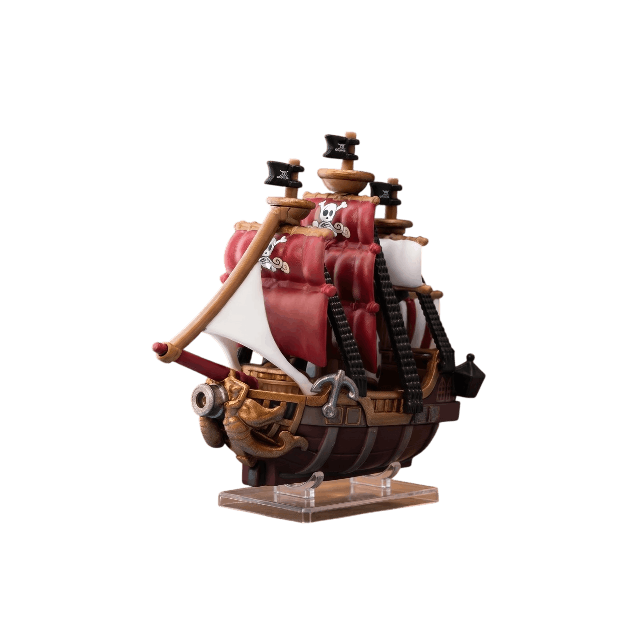 Réplique de l'Oro Jackson vue de trois quarts : voiles rouges au Jolly Roger, coque brune, proue dorée à canon — One Piece, PVC peint