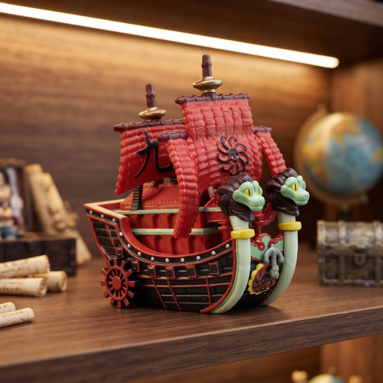 Réplique miniature du navire des Kuja posée sur une étagère en bois, parchemins roulés et globe ancien à côté — One Piece (décor non inclus)