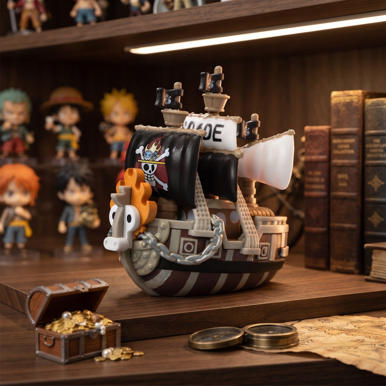 Réplique miniature du navire des Pirates de Spade posée sur une étagère en bois, coffre au trésor ouvert et carte marine à côté — One Piece (décor non inclus)