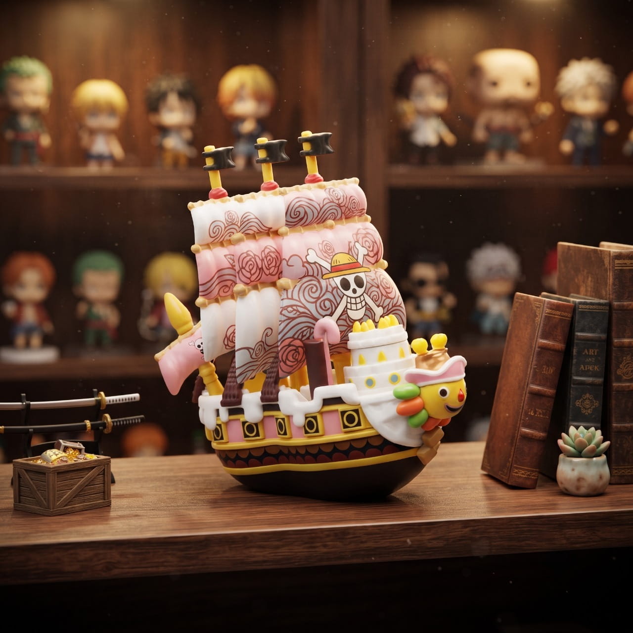 Réplique miniature du Queen Mama Chanter posée sur une étagère en bois près d'un support à katana et d'une plante grasse — One Piece (décor non inclus)