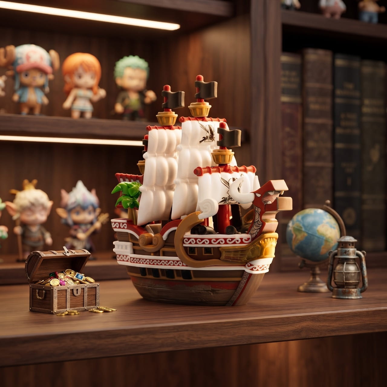 Réplique miniature du Red Force posée sur une étagère en bois, globe ancien et lanterne à côté — One Piece (décor non inclus)