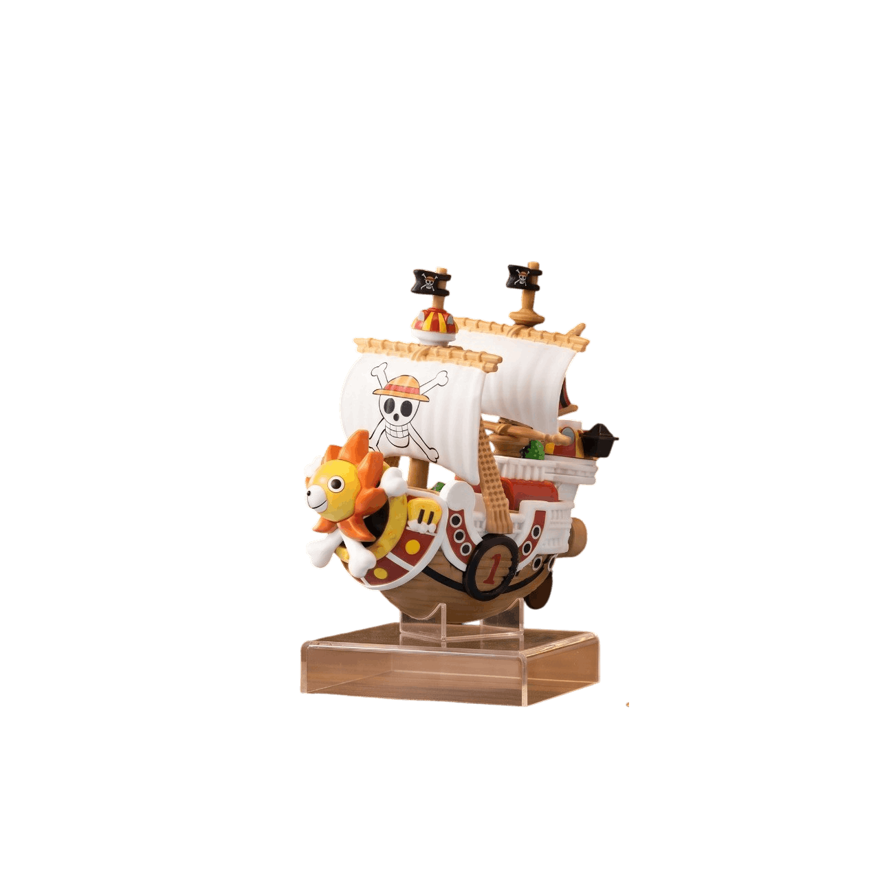 Réplique du Thousand Sunny vue de trois quarts : figure de proue en tête de lion, voile au Jolly Roger du chapeau de paille, socle transparent — One Piece, PVC peint