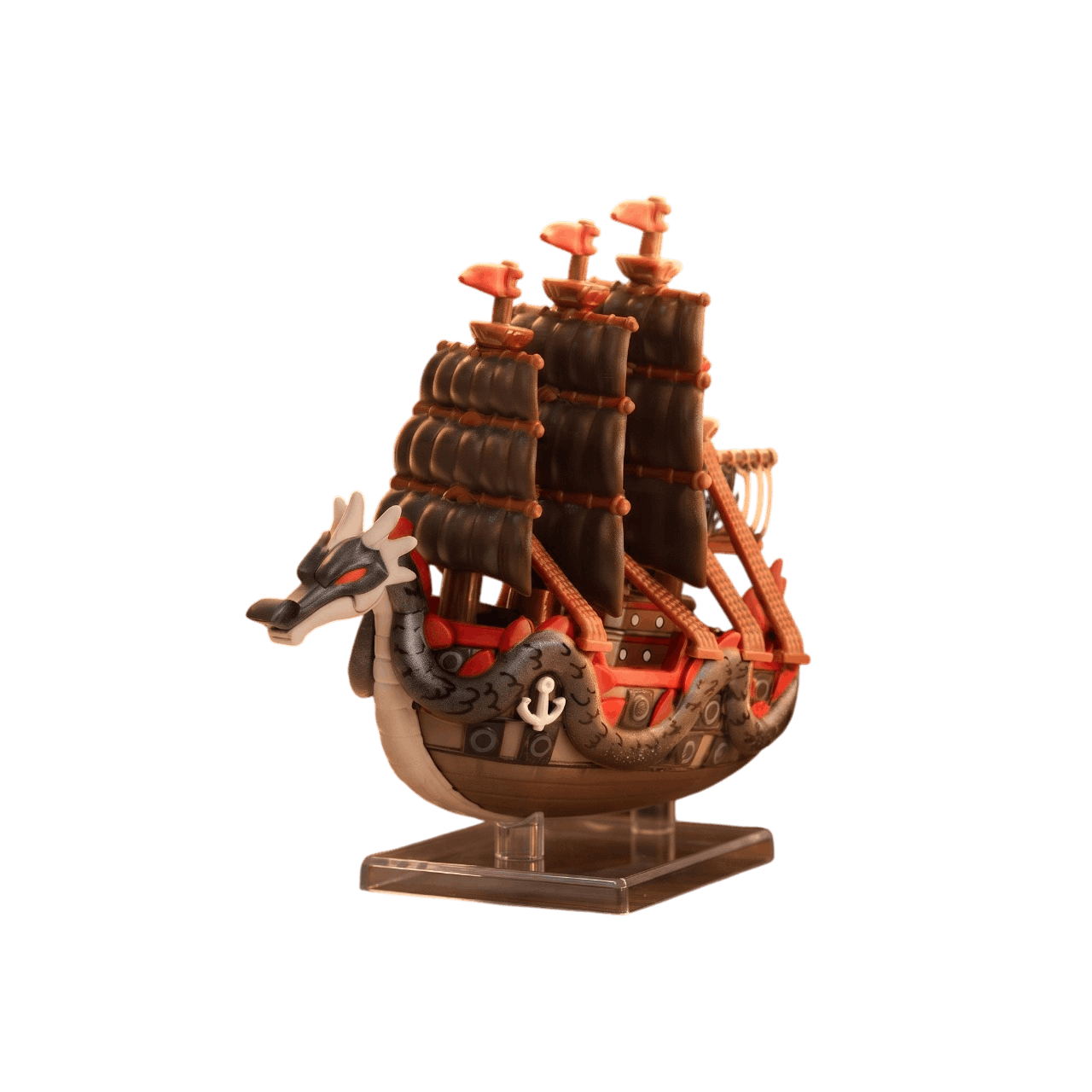 Réplique du Wind Granma vue de trois quarts : tête de dragon cornue à l'étrave, corps écaillé enroulé sur le pont, voiles brun sombre — One Piece, PVC peint