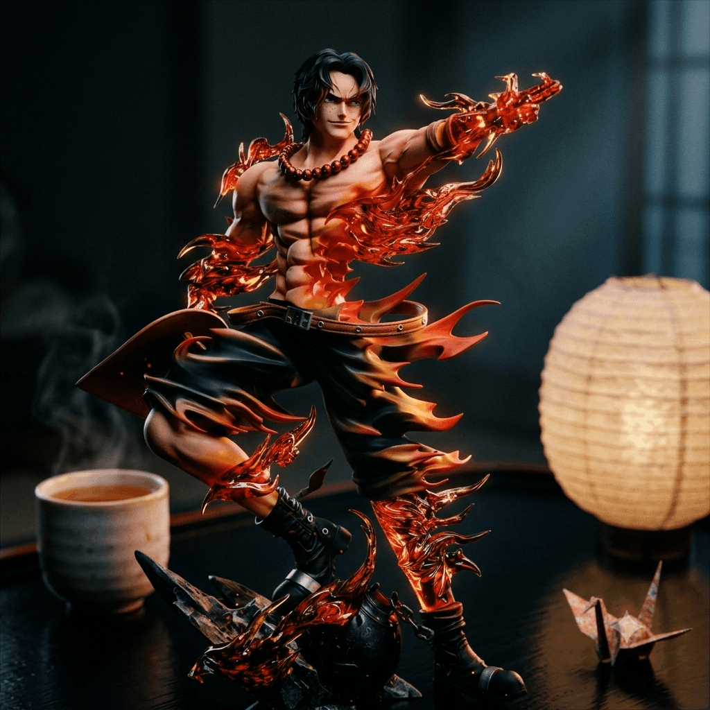 Figurine One Piece – Portgas D. Ace 26 cm, exposée sur une étagère (décor non inclus)
