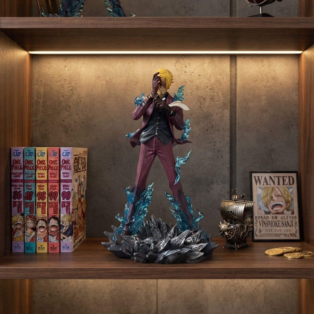 Figurine Sanji One Piece exposée sur une étagère (décor non inclus)