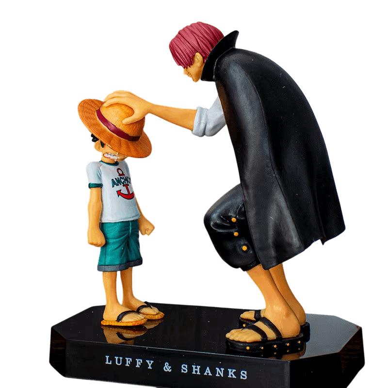 Figurine One Piece Shanks et Luffy enfant 18 cm, remise du chapeau de paille sur socle gravé