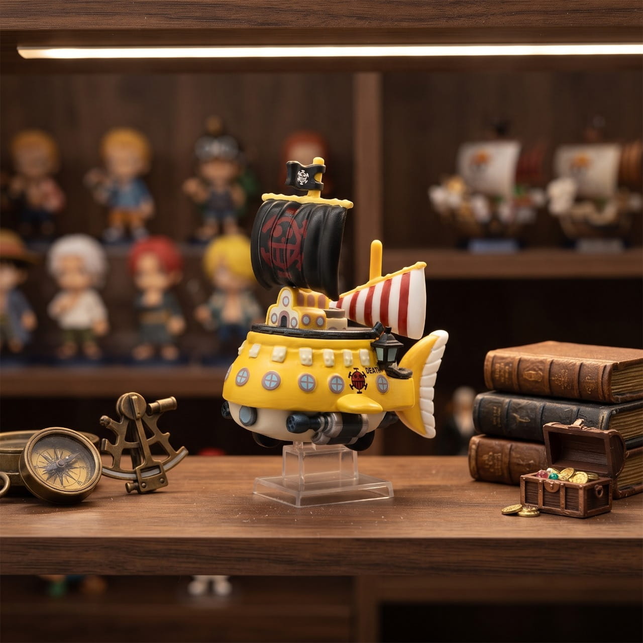 Réplique miniature du sous-marin Polar Tang posée sur une étagère en bois près d'un sextant et d'une boussole — One Piece (décor non inclus)