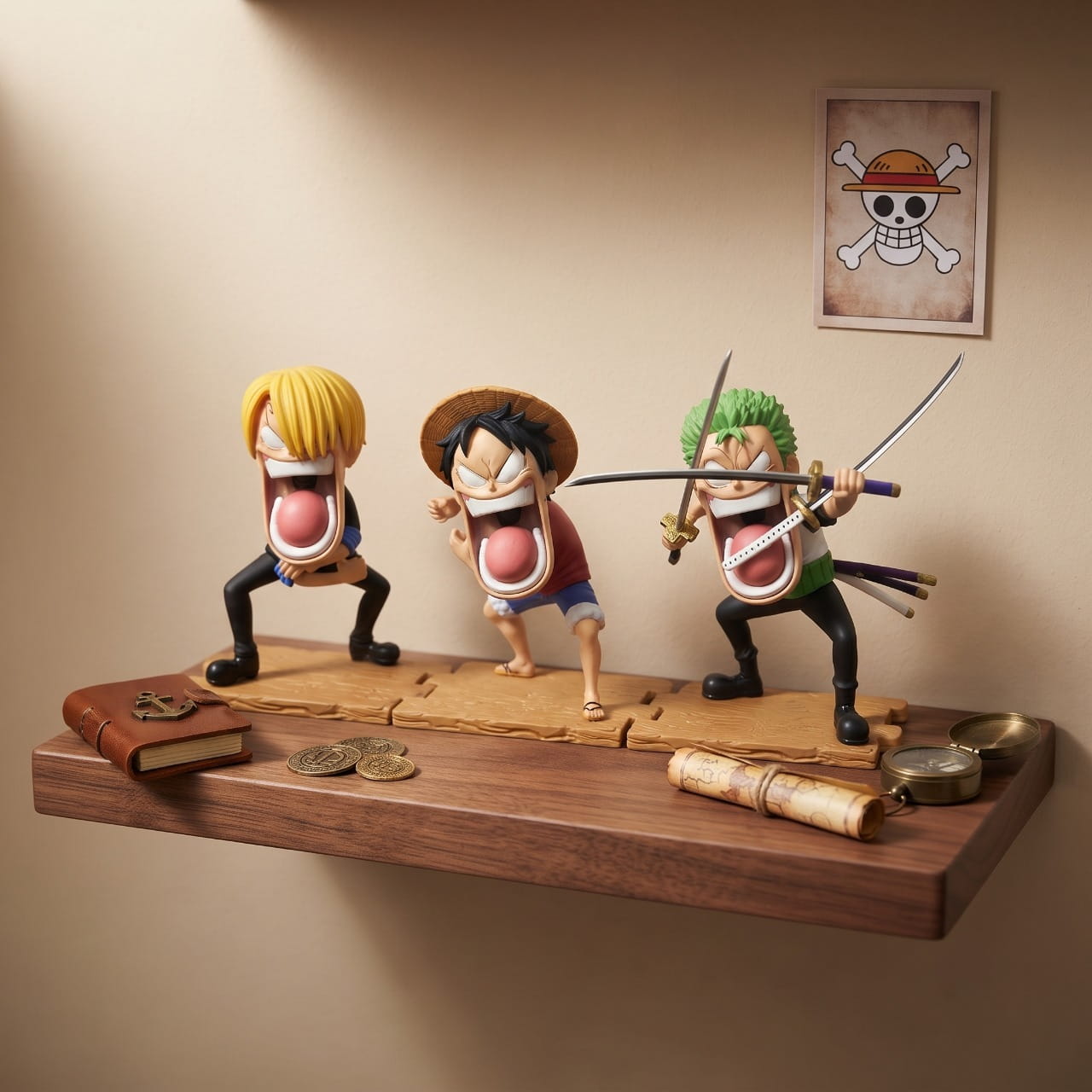 Figurines chibi du trio affamé exposées sur une étagère (décor non inclus)