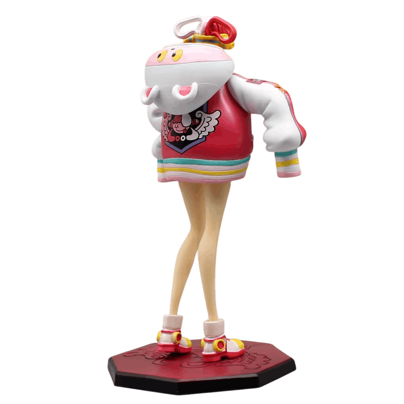 Figurine One Piece Uta 24 cm vue de dos : écusson ailé cousu au dos de la veste de scène et coiffe blanche et rose