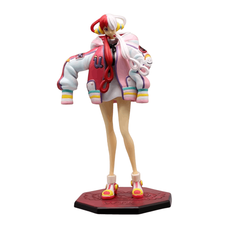 Figurine One Piece Uta 24 cm de face : cheveux mi-blancs mi-rouges, cordon rouge sur la fermeture de la veste et chaussures compensées à médaillons jaunes