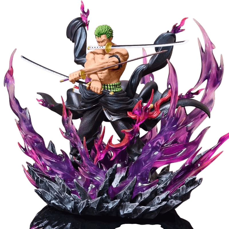 Statue One Piece Zoro Ashura grand format vue de face, trois sabres et flammes violettes