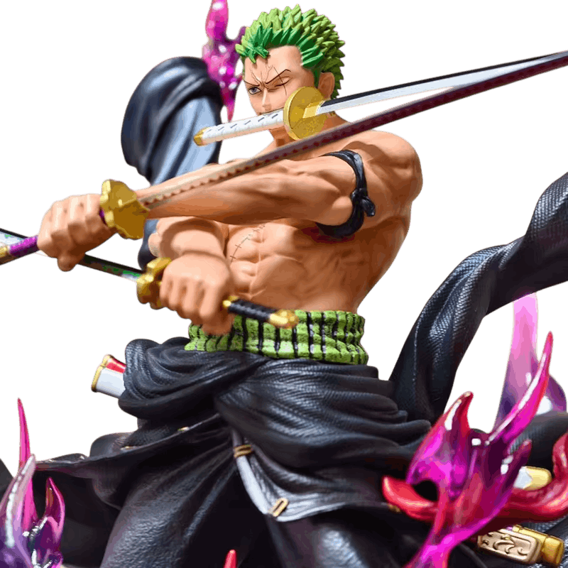 Gros plan sur la statue Zoro Ashura : Santoryu, haramaki vert et sabres croisés