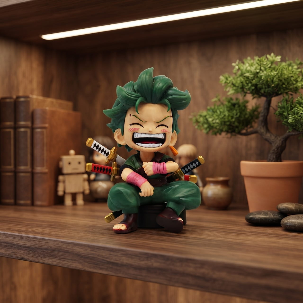 Figurine chibi Roronoa Zoro exposée sur une étagère (décor non inclus)