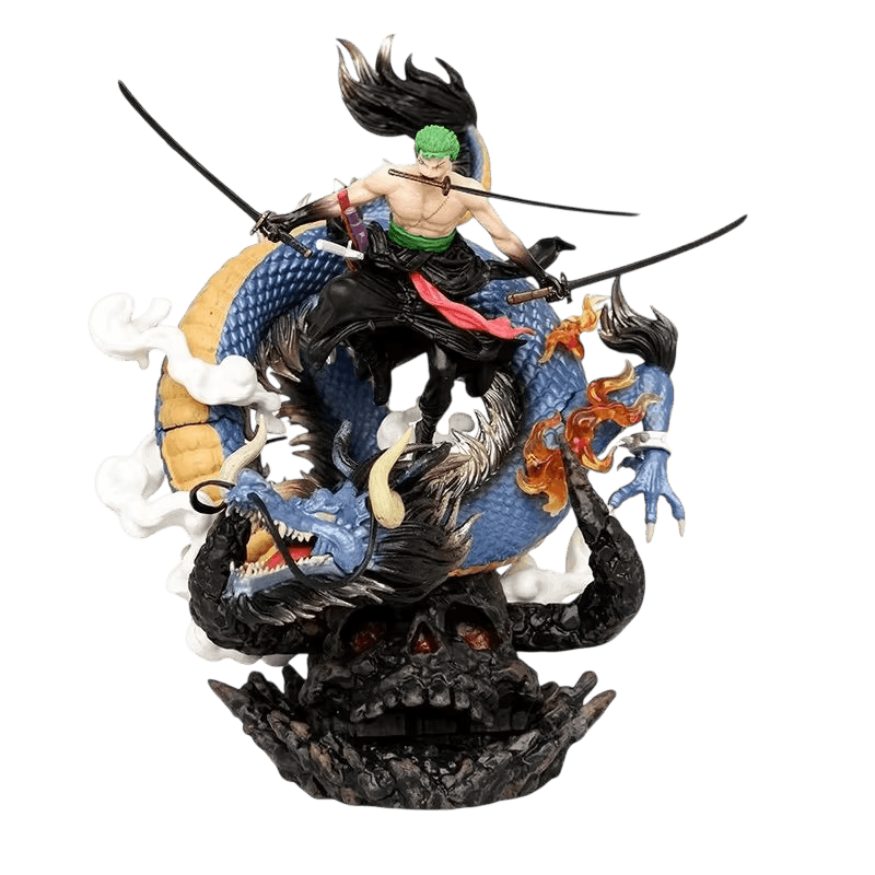 Figurine Roronoa Zoro et le dragon (One Piece), écailles sculptées une à une sur tout le corps du dragon — détourée, vue sans décor.