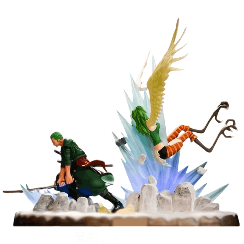 Figurine Roronoa Zoro et Monet (One Piece), socle de glace en résine translucide sculpté en pics — détourée, vue sans décor.