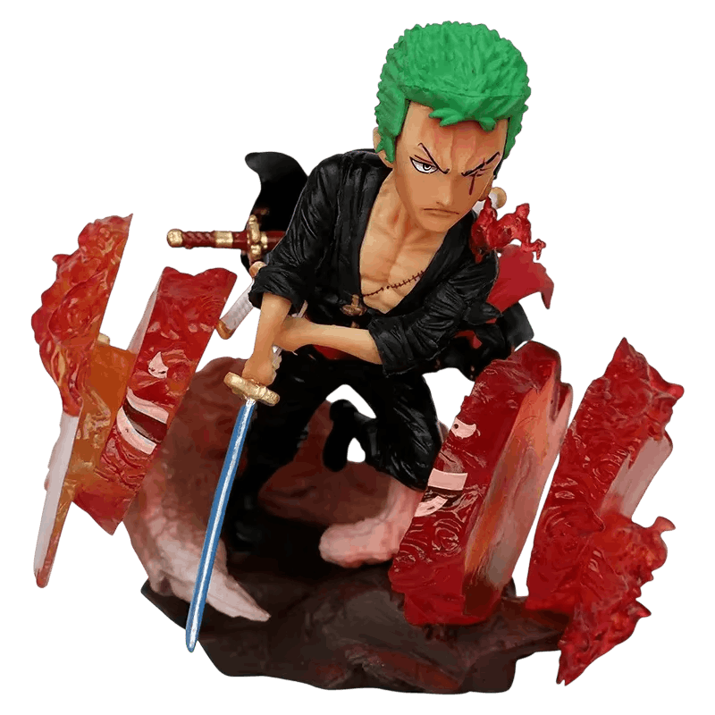 Figurine chibi Zoro One Piece de face : cheveux verts, cicatrice à l'œil, kimono noir ouvert, sabre à la garde dorée, éclats rouges translucides et socle rocheux