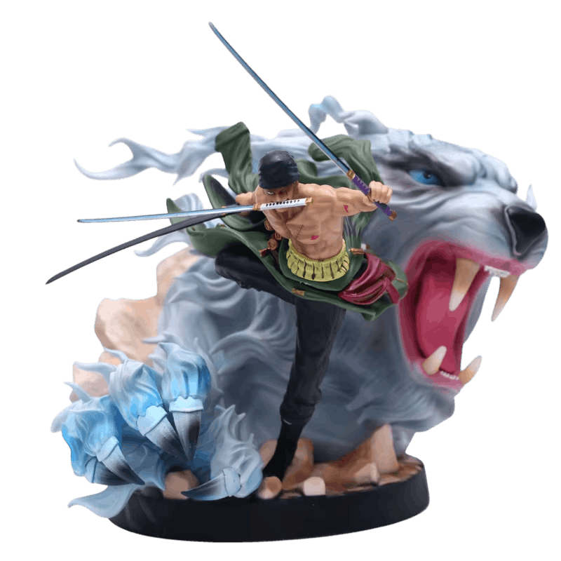 Figurine Zoro One Piece de face : trois sabres dont un entre les dents, manteau vert, tête de tigre blanc gueule ouverte derrière lui