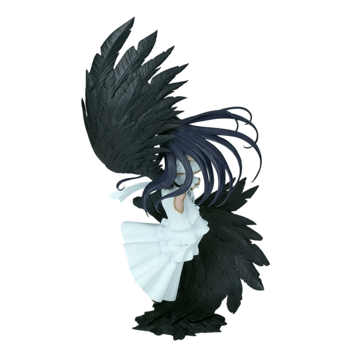 Overlord Albedo figure 32 cm rear view: feathers sculpted one by one on both black wings and tiered folds of the white dress