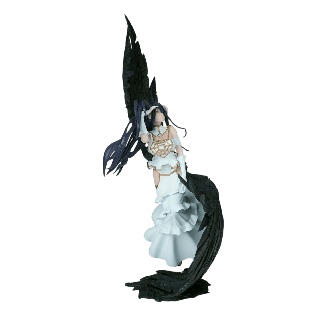 Overlord Albedo figure 32 cm from the front: golden spiderweb necklace over the white dress, white ribbon at the waist and headband with horns