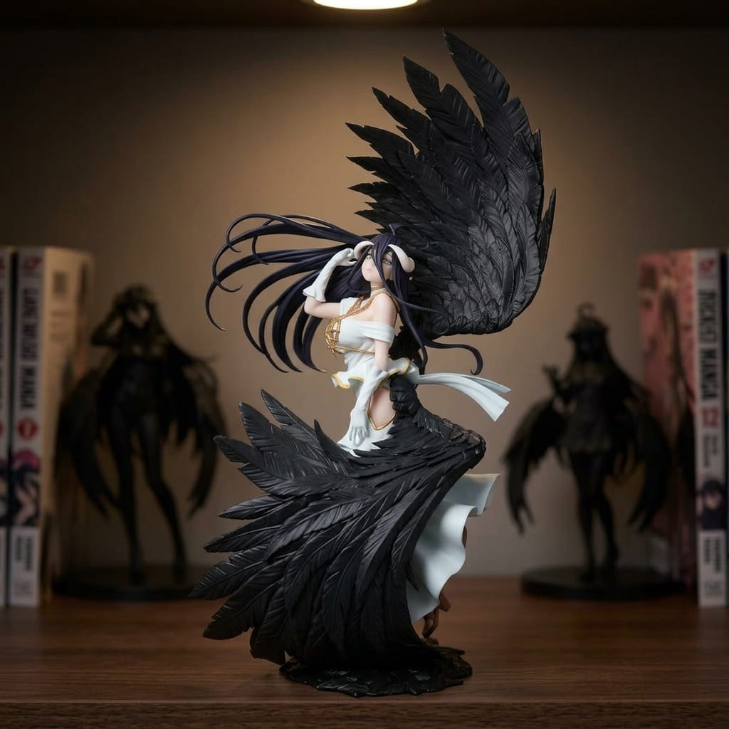 Overlord Albedo figure 32 cm in a white dress, two huge black wings spread wide and a white headband with horns, on a shelf (decor not included)