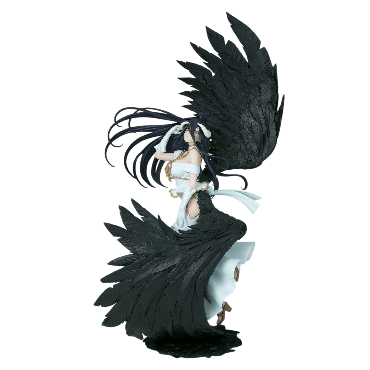 Overlord Albedo figure 32 cm three-quarter view: one wing raised upward, the second spread on the ground as a long train and very long black hair down to the hips