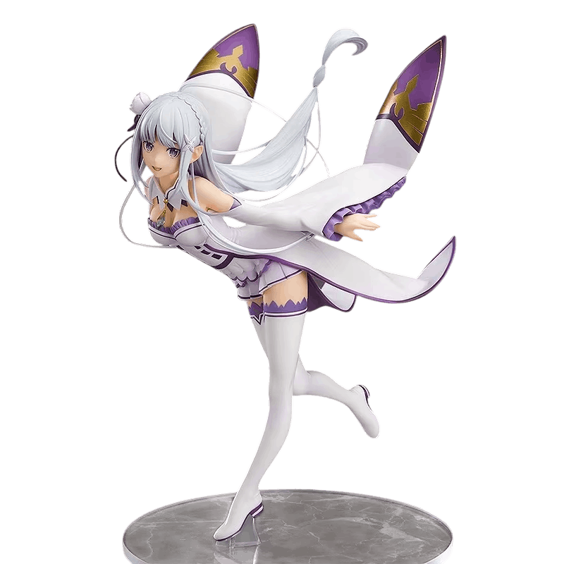 Re:Zero Emilia figure 22 cm from the front: silvery white hair, violet eyes, pointed ears, white stockings to mid-thigh and matching pumps