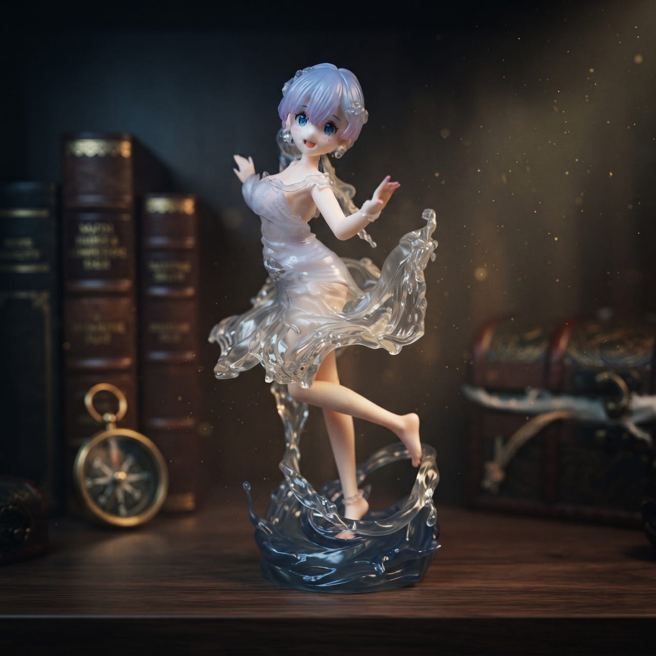 Figurine Rem robe d'eau Re:Zero exposée sur une étagère (décor non inclus)