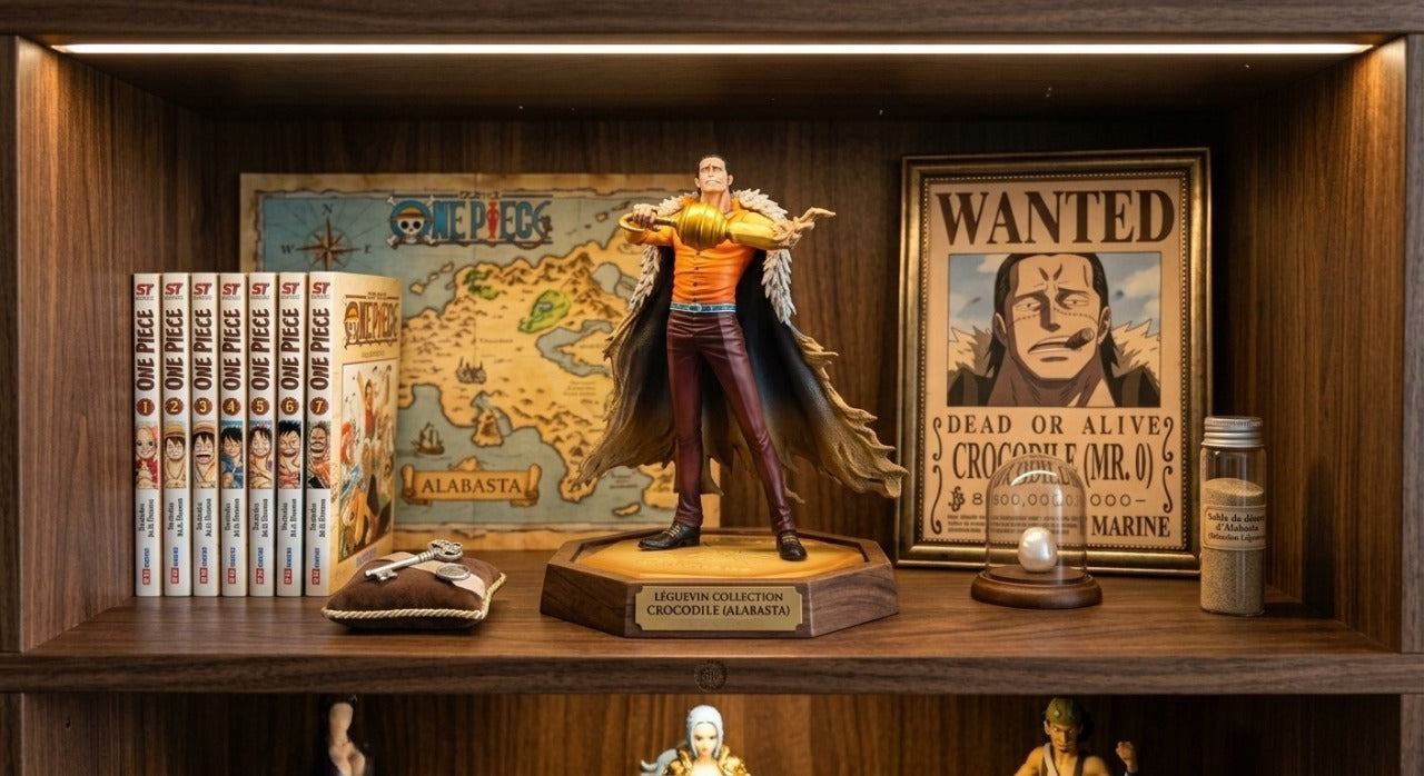 Figurine Sir Crocodile exposée avec avis de recherche Mr. 0 sur une étagère One Piece