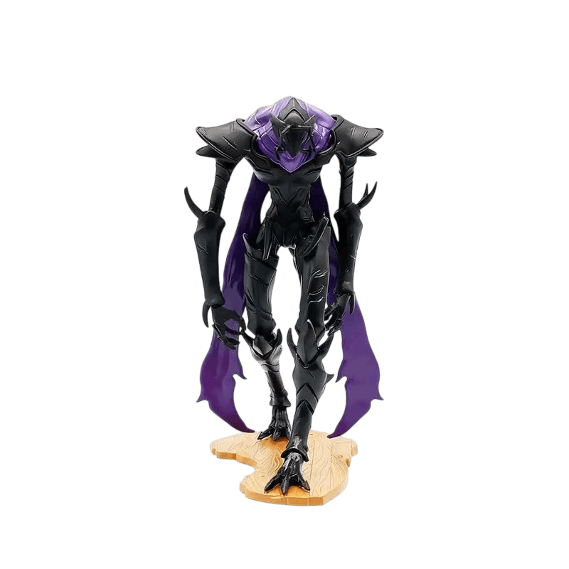Figurine Beru de face, carapace noire, crête et membranes violettes, quatre bras griffus, socle beige