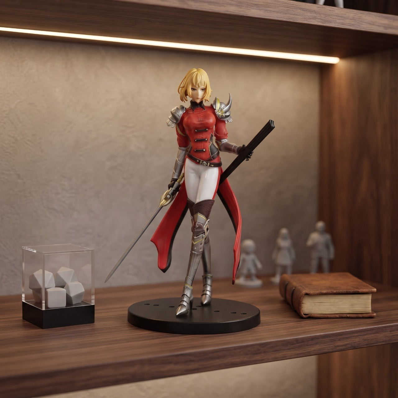 Figurine de Cha Hae-In de Solo Leveling, tenue rouge et épée, posée sur une étagère claire