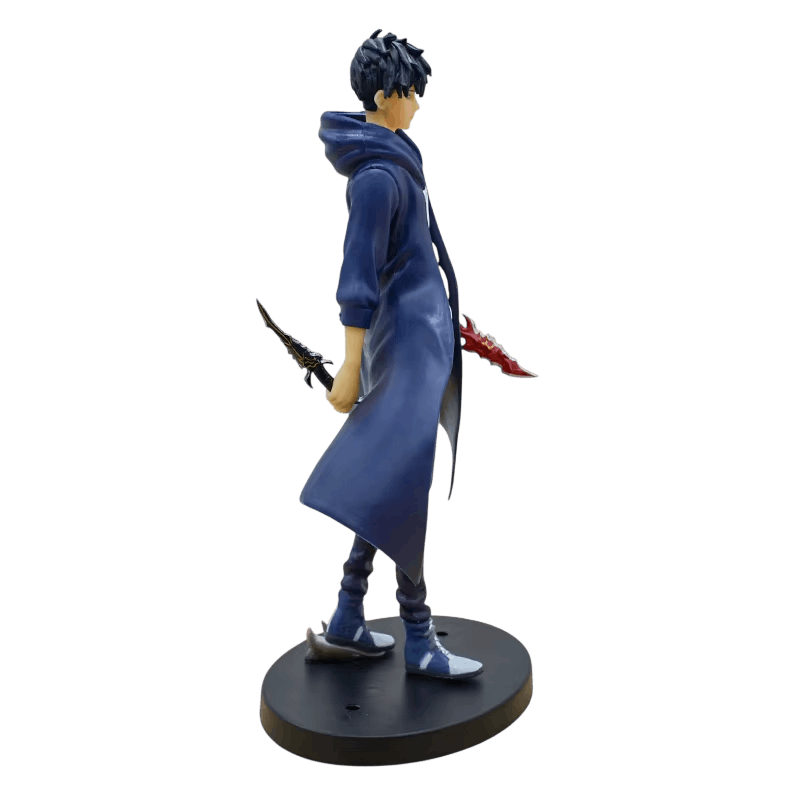 Figurine Sung Jinwoo de profil, une dague noire et une dague rouge dans chaque main, pans du manteau écartés