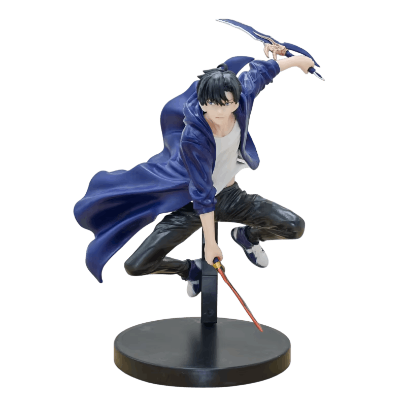 Figurine Sung Jinwoo en plein saut vue de face, dague levée, manteau bleu déployé derrière lui, socle noir