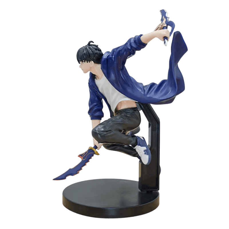 Figurine Sung Jinwoo de profil en plein bond, tige de maintien visible, seconde dague pointée vers le bas