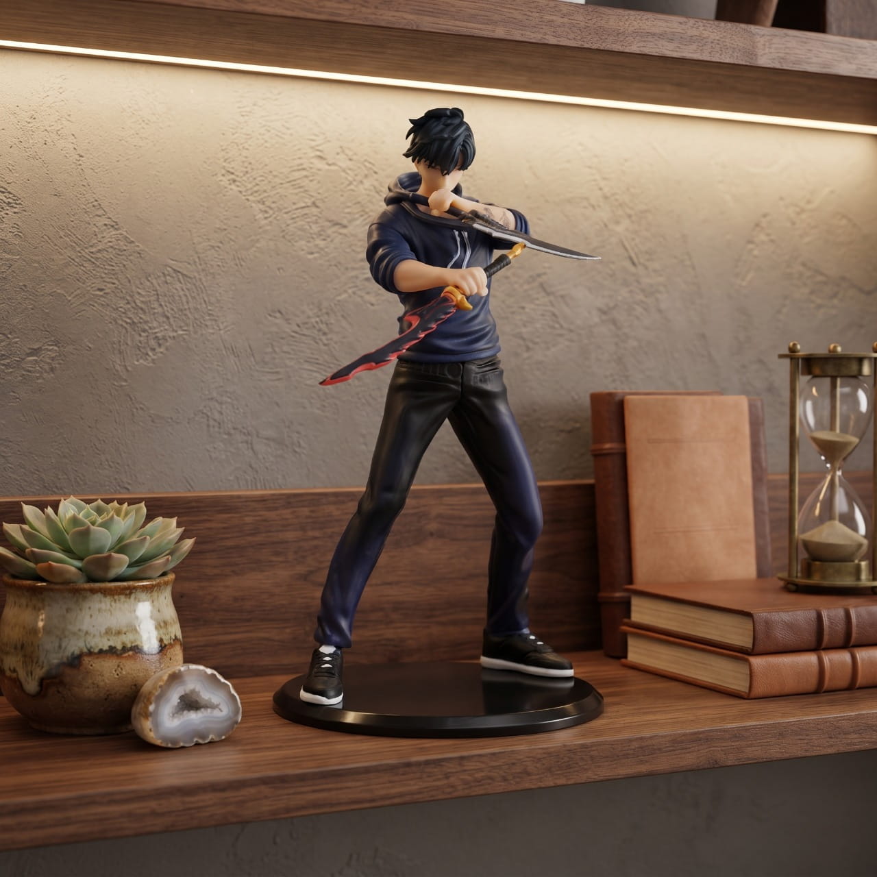 Figurine de Sung Jinwoo en sweat à capuche bleu, deux dagues croisées, posée sur une étagère