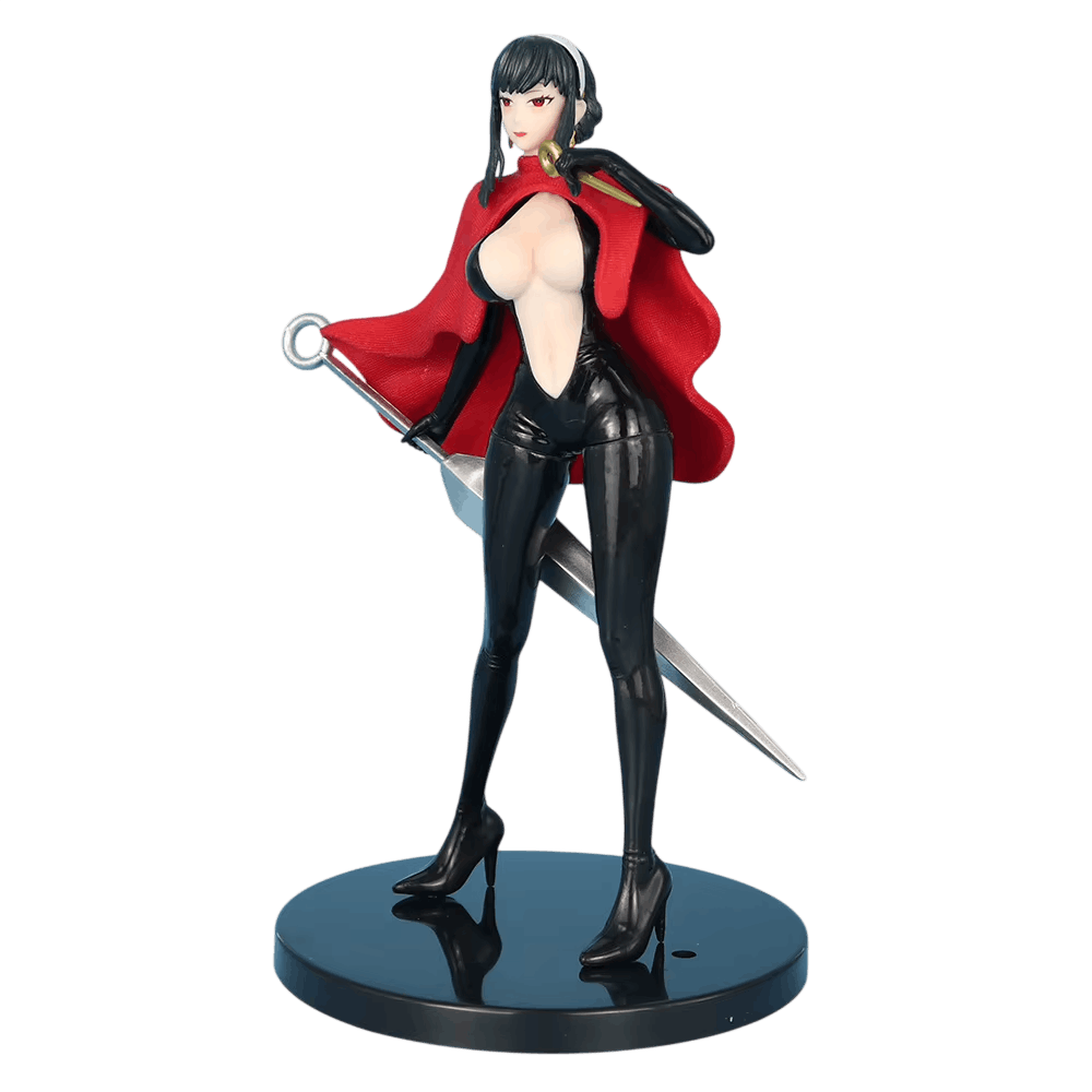 Figurine Yor Forger Spy x Family de face : bandeau blanc, cape rouge, combinaison noire brillante et talons aiguilles sur socle noir