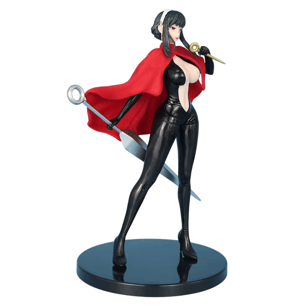 Figurine Yor Forger Spy x Family de trois quarts : stiletto doré près de l'épaule et cape rouge déployée